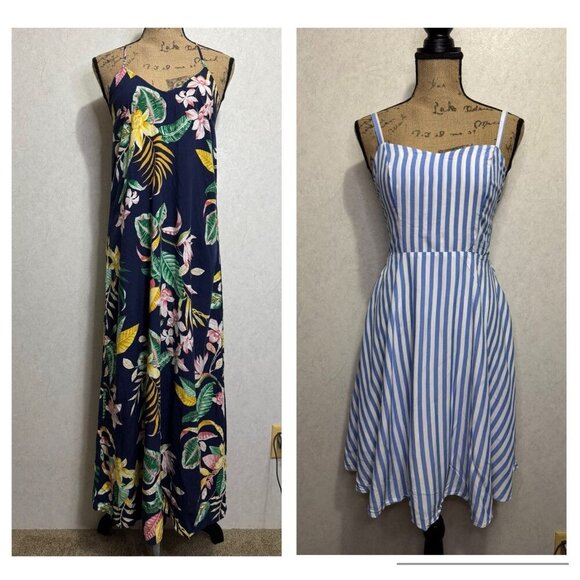 OLD NAVY Tropical Floral Botanical Striped Maxi/Mini Dress Lot 2 SMALL Beach - Picture 1 of 16